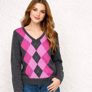 Pink Argyle Sweater XL IZOD Gray V-Neck Preppy Cotton Classic Knit